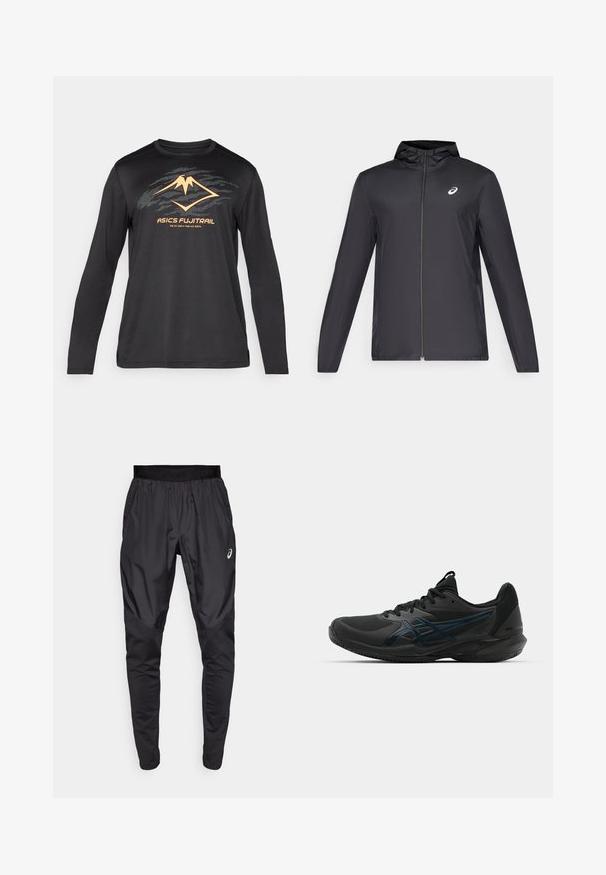 Zwarte lichtgewicht jas met een capuchon, rits aan de voorkant, lange mouwen en een klein logo op de borst. Glad, waterafstotend materiaal.; ASICS FUJITRAIL LOGO TOP - Longsleeve - performance black; Zwarte sportbroek met een rekbare tailleband, zijzakken en contrasterende textuurpanelen op de benen. Asics-logo op de heup.; ASICS SOLUTION SPEED FF 3 CLAY - Tennisschoenen voor kleibanen - black/prism blue
