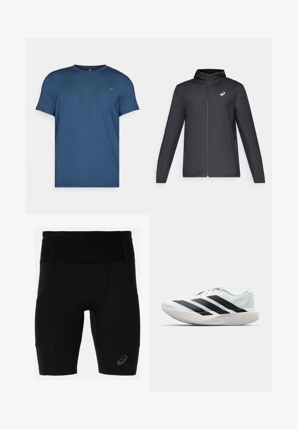 Melns viegls mētelis ar kapuci, priekšējais rāvējslēdzis, gari piedurknes un mazs logo uz krūtīm. Gluda, ūdensizturīga auduma.; Zils īsām piedurknēm T-krekls, izgatavots no mīksta auduma. Izkārtojums ar apaļo kakla izgriezumu un mazu zaļu logotipu kreisajā krūtī. Gluda tekstūra, brīvs piegriezums.; Melnas sporta šorti ar pieguļošu dizainu, izgatavoti no gludas materiāla. Iekļauj augstu jostu un mazu logotipu apakšējā kreisajā kājā.; Gaiši zili vieglie skriešanas apavi ar melniem svītrainiem. Iezīmēti ar gludu augšpusi, apaļu purngalu un biezāko balto vidējo zoli, kurā ir uzraksts "LIGHTSTRIKE PRO."