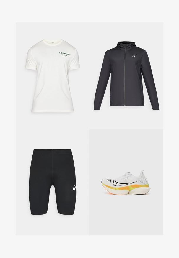 Melns viegls mētelis ar kapuci, priekšējais rāvējslēdzis, gari piedurknes un mazs logo uz krūtīm. Gluda, ūdensizturīga auduma.; Balts kokvilnas T-krekls ar īsām piedurknēm, apaļu kakla izgriezumu un zaļu iespiestu logotipu "BJÖRN BORG STOCKHOLM 1986" kreisajā krūtī.; Melni sporta īsi šorti ar gludu tekstūru, pieguļošu dizainu un baltu logotipu kreisajā pusē. Nav redzamu kabatu vai metāla detaļu.; Baltas skriešanas apavi ar teksturētu acu augšdaļu, melnas swoosh dizains un krāsains, daudzslāņu zole ar oranžiem un dzelteniem akcentiem.