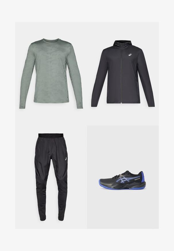 Black lightweight jacket with a hood, front zipper, long sleeves, and a small logo on the chest. Smooth, water-resistant fabric.; Long-sleeve shirt in muted green with a subtle camo pattern, made from a smooth, lightweight fabric with a crew neckline.; Black athletic pants with a stretchy waistband, side pockets, and contrasting texture panels on the legs. Asics logo on the hip.; Black athletic shoe with blue accents, featuring a perforated upper, textured sole, and logo detail. Rounded toe and cushioned heel.