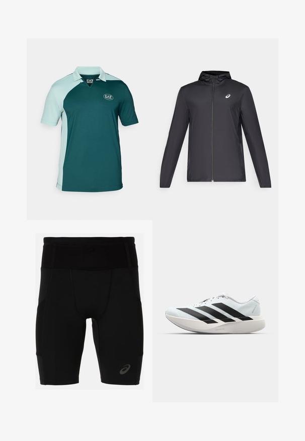 Černá lehká bunda s kapucí, předním zipem, dlouhými rukávy a malým logem na hrudi. Hladká, voděodolná tkanina.; Tmavě zelená polo košile s světle modrými akcenty, krátké rukávy, límec a strukturovaná látka se znakem EA7.; Černé sportovní šortky s přiléhavým střihem vyrobené z hladkého materiálu. Mají vysoký pas a malé logo na spodní levé noze.; Lehké běžecké boty v světle modré barvě s černými pruhy. Mají hladký svršek, kulatou špičku a silnou bílou mezipodešev označenou "LIGHTSTRIKE PRO."