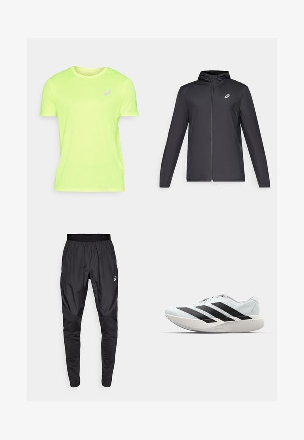 Schwarze, leichte Jacke mit Kapuze, Frontreißverschluss, langen Ärmeln und kleinem Logo auf der Brust. Glattes, wasserabweisendes Material.; ASICS CORE TOP - Sport T-Shirt - safety yellow; Schwarze Sporthosen mit einem dehnbaren Bund, Seitentaschen und kontrastierenden Texturpanelen an den Beinen. Asics-Logo an der Hüfte.; Leichte Laufschuhe in hellblau mit schwarzen Streifen. Sie verfügen über ein glattes Obermaterial, eine runde Zehenpartie und eine dicke weiße Zwischensohle, die mit "LIGHTSTRIKE PRO" beschriftet ist.