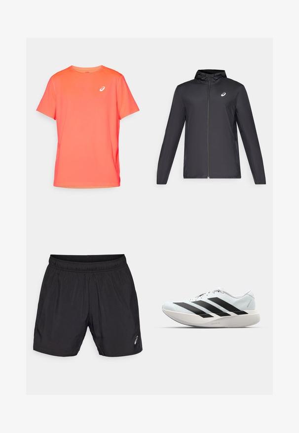 Crna lagana jakna s kapuljačom, prednjim patentnim zatvaračem, dugim rukavima i malim logom na prsima. Glatka, vodoodbojna tkanina.; Majica kratkih rukava za sport u svijetloj koralj boji, izrađena od lagane, glatke tkanine s bijelim logotipom na lijevoj strani prsnog koša.; Crne tajice za sport izrađene od laganog materijala, s elastičnom tregrom i malim logom na donjoj lijevoj strani.; Lagane tenisice za trčanje u svijetloplavoj boji s crnim trakama. Imaju glatku gornju površinu, okrugli vrh i debeli bijeli srednji sloj označen "LIGHTSTRIKE PRO."