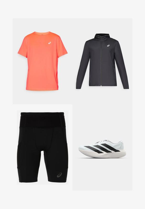 Svart lättviktsjacka med huva, framdragkedja, långa ärmar och en liten logotyp på bröstet. Slät, vattenavvisande tyg.; Kortärmad sportt-shirt i ljus korallfärg, tillverkad av lätt och slätt tyg med en vit logotyp på vänster bröst.; Svarta idrottsshorts med en figurnära design, tillverkade av ett mjukt material. Har en hög midja och en liten logotyp på nedre vänstra benet.; Lätta löparskor i ljusblått med svarta ränder. Har en slät ovandel, rund tå och tjock vit mellansula märkt "LIGHTSTRIKE PRO."