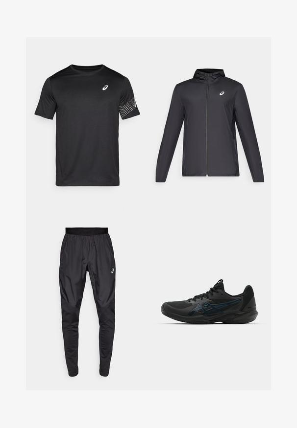 Svart lättviktsjacka med huva, framdragkedja, långa ärmar och en liten logotyp på bröstet. Slät, vattenavvisande tyg.; Svart träningströja i fuktavvisande tyg. Har korta ärmar, rund halsringning och ett prickigt mönster på höger ärm.; Svarta träningbyxor med elastisk midja, sidofickor och kontrasterande texturpaneler på benen. Asics-logga på höften.; ASICS SOLUTION SPEED FF 3 CLAY - Tennisskor för grus - black/prism blue