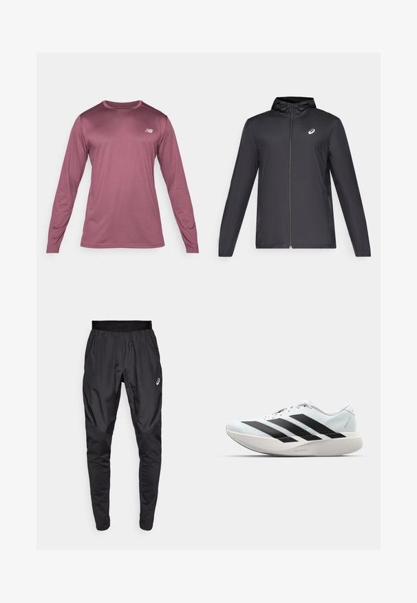 Svart lett jakke med hette, glidelås foran, lange ermer og en liten logo på brystet. Glatt, vannavstøtende stoff.; Langermet atletisk skjorte i en dempet mauve-farge, laget av teksturert stoff, med rund hals og en liten logo på brystet.; Svarte treningsbukser med elastisk midjebånd, sidelommer og kontrasterende teksturpaneler på bena. Asics-logo på hoften.; Lette løpesko i lys blå med svarte striper. Har en myk overdel, rund tå og tykk hvit mellomsole merket "LIGHTSTRIKE PRO."