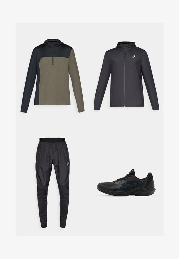 Zwarte lichtgewicht jas met een capuchon, rits aan de voorkant, lange mouwen en een klein logo op de borst. Glad, waterafstotend materiaal.; Langarm pullover met een halve rits, featuring een donkerblauwe bovenkant en een khaki groene onderkant gemaakt van een gestructureerde, ademende stof.; Zwarte sportbroek met een rekbare tailleband, zijzakken en contrasterende textuurpanelen op de benen. Asics-logo op de heup.; ASICS SOLUTION SPEED FF 3 CLAY - Tennisschoenen voor kleibanen - black/prism blue