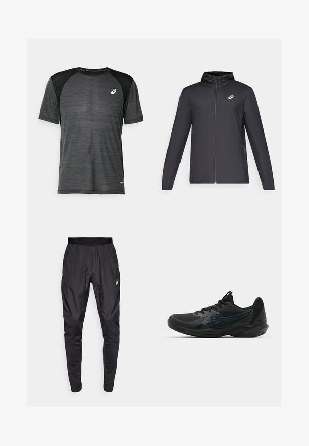 Czarna, lekka kurtka z kapturem, z zamek błyskawicznym z przodu, długimi rękawami i małym logo na klatce piersiowej. Gładki, wodoodporny materiał.; Czarna sportowa koszulka z krótkim rękawem, o siateczkowej strukturze. Posiada okrągły dekolt z odblaskowym logo na piersi oraz akcenty na rękawach.; Czarne spodenki sportowe z elastycznym paskiem w talii, bocznymi kieszeniami oraz kontrastującymi panelami teksturującymi na nogawkach. Logo Asics na biodrze.; ASICS SOLUTION SPEED 3 CLAY czarny