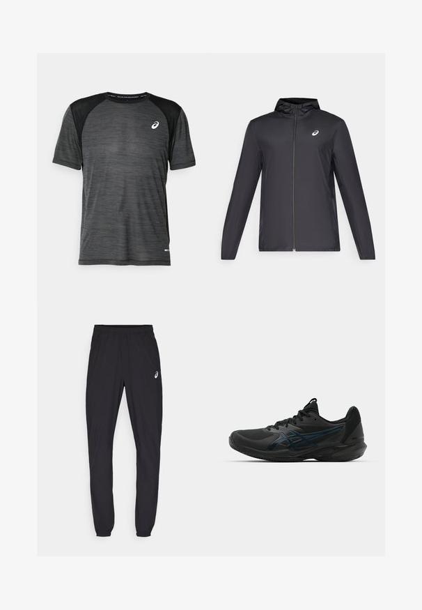 Musta kevyt takki hupulla, edessä vetoketju, pitkät hihat ja pieni logo rinnassa. sileä, vettä hylkivä kangas.; Musta urheilu t-paita lyhyillä hihoilla, verkkokudoksella. Ominaisuuksiin kuuluu pyöreä kaula-aukko, jossa on heijastava logo rinnassa ja koristeet hihoissa.; Mustat urheiluhousut, joissa on joustava vyötärö ja tiukat hihnat. Vasemmassa reidessä on hienovarainen logojulistus. Sileä, kevyt kangas.; ASICS SOLUTION SPEED FF 3 CLAY - Massakentän kengät - black/prism blue