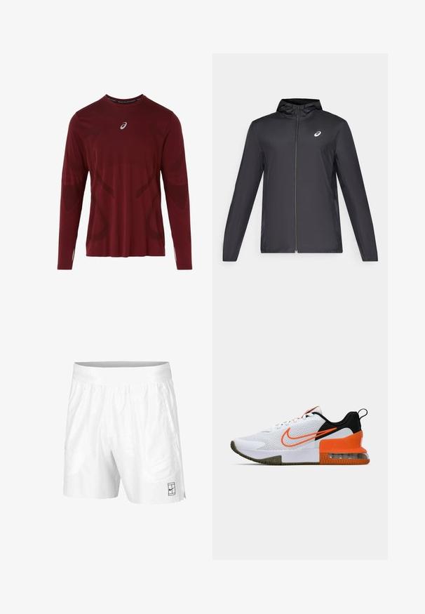 Black lightweight jacket with a hood, front zipper, long sleeves, and a small logo on the chest. Smooth, water-resistant fabric.; Maroon long-sleeve athletic shirt with a textured finish, featuring a small logo and design patterns on the front and sleeves.; White athletic shorts made of lightweight fabric with an elastic waistband, featuring two side pockets and a small black logo on the hem.; White athletic shoe with a textured mesh upper, black and orange accents, a thick rubber sole, and a clear air cushion section at the heel.