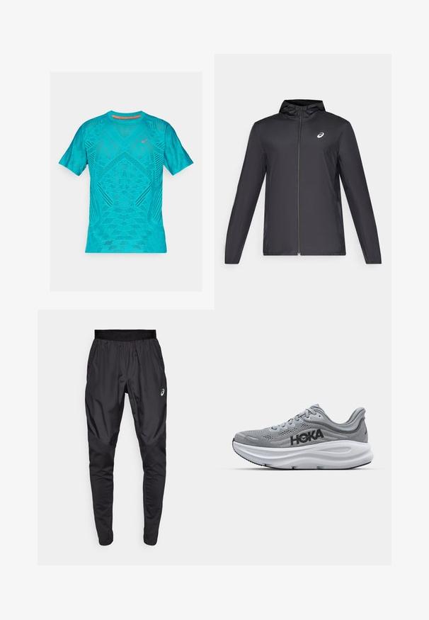 Casaco leve preto com capuz, fecho frontal, mangas longas e um pequeno logotipo no peito. Tecido suave e resistente à água.; T-shirt desportivo turquesa com mangas curtas, apresentando um design de malha texturizada e respirável, com detalhes refletivos no peito.; Calças atléticas pretas com uma cintura elástica, bolsos laterais e painéis de textura contrastante nas pernas. Logo da Asics no quadril.; Sapatilha atlética cinza com parte superior em malha, marca HOKA, meia-sola acolchoada e sola em borracha. Apresenta um design curvo e detalhes texturizados.