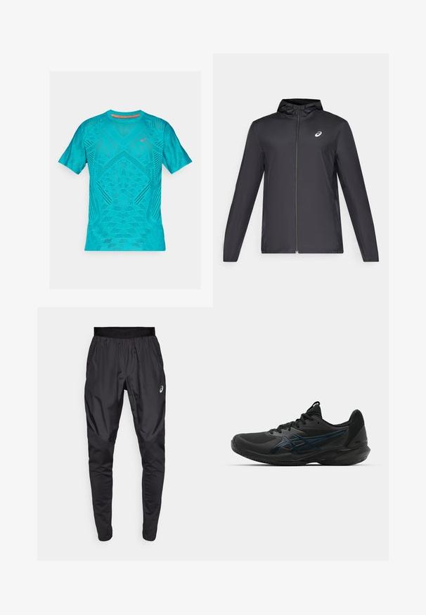 Svart lett jakke med hette, glidelås foran, lange ermer og en liten logo på brystet. Glatt, vannavstøtende stoff.; Ferskvannstrøtt t-skjorte i turkis med korte ermer, med et teksturert, pustende mesh-design og reflekterende detaljer på brystet.; Svarte treningsbukser med elastisk midjebånd, sidelommer og kontrasterende teksturpaneler på bena. Asics-logo på hoften.; ASICS SOLUTION SPEED FF 3 CLAY - Clay court tennissko - black/prism blue