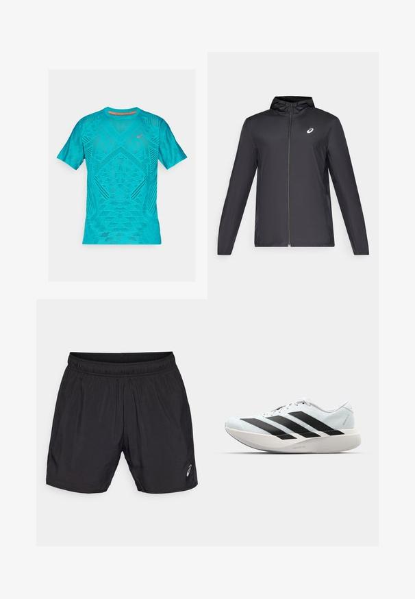 Melns viegls mētelis ar kapuci, priekšējais rāvējslēdzis, gari piedurknes un mazs logo uz krūtīm. Gluda, ūdensizturīga auduma.; Tirkīza krāsa sporta krekls ar īsām piedurknēm, kuram ir teksturēts, elpojošs sieta dizains un atstarojoši akcenti uz krūtīm.; Melnas sporta šortus, kas izgatavoti no viegla materiāla, ar elastīgu jostu un mazu logotipu apakšējā kreisajā pusē.; Gaiši zili vieglie skriešanas apavi ar melniem svītrainiem. Iezīmēti ar gludu augšpusi, apaļu purngalu un biezāko balto vidējo zoli, kurā ir uzraksts "LIGHTSTRIKE PRO."