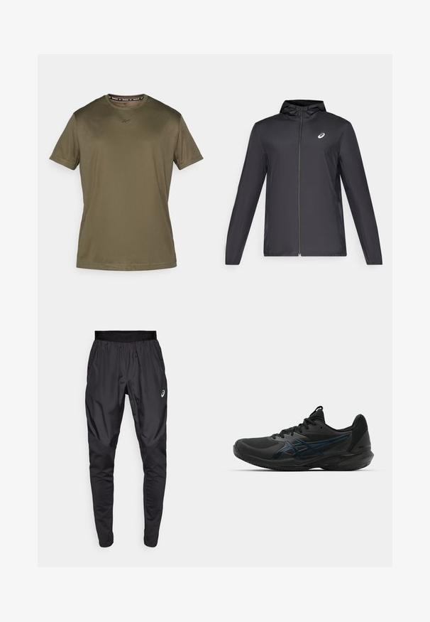 Juodas lengvas džemperis su gobtuvu, priekiniais užtrauktukais, ilgomis rankovėmis ir mažai logo ant krūtinės. Lygi, vandeniui atspari medžiaga.; Alyvuogių spalvos trumpomis rankovėmis marškinėliai, pagaminti iš lygios medžiagos. Suapvalintas kaklas ir subtilus logotipas krūtinėje, pasižymintys paprastu ir moderniu dizainu.; Juodi sportiniai kelnes su elastingu juosmeniu, šoninėmis kišenėmis ir kontrastingos tekstūros panelėmis ant kojų. Asics logotipas ant klubo.; ASICS SOLUTION SPEED FF 3 CLAY - Teniso bateliai molio dangos kortams - black/prism blue