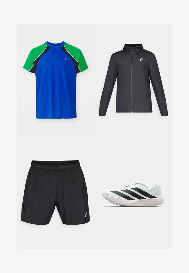 Casaco leve preto com capuz, fecho frontal, mangas longas e um pequeno logotipo no peito. Tecido suave e resistente à água.; Camisa azul de manga curta com mangas raglan verdes, detalhes pretos e acabamentos brancos. Inclui um pequeno logótipo no peito.; Calções atléticos pretos feitos de material leve, com um cós elástico e um pequeno logótipo no canto inferior esquerdo.; Tênis de corrida leves em azul pálido com riscas pretas. Apresentam um cabedal liso, bico redondo e uma entressola espessa branca rotulada como "LIGHTSTRIKE PRO."