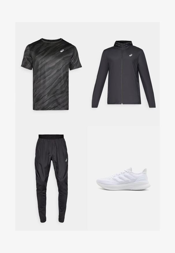 Giacca leggera nera con cappuccio, zip frontale, maniche lunghe e un piccolo logo sul petto. Tessuto liscio e resistente all'acqua.; T-shirt sportivo nero con strisce diagonali grigie testurizzate, maniche corte e collo rotondo. Presenta un piccolo logo bianco sul petto.; Pantaloni sportivi neri con una cintura elastica, tasche laterali e pannelli di texture a contrasto sulle gambe. Logo Asics sull'anca.; Scarpe sportive bianche con tomaia in mesh texturato, suola ammortizzata e supportiva, e design a tre strisce sul lato.