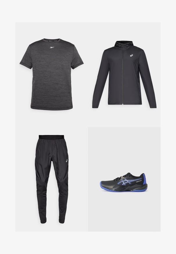 Černá lehká bunda s kapucí, předním zipem, dlouhými rukávy a malým logem na hrudi. Hladká, voděodolná tkanina.; Technické sportovní tričko v tmavě šedé barvě, s krátkými rukávy, kulatým výstřihem a decentním logem Reebok na přední straně. Jemná textura.; Černé sportovní kalhoty s elastickým páskem, bočními kapsami a kontrastními texturovými panely na nohavicích. Logo Asics na boku.; Černá atletická bota s modrými akcenty, s perforovaným svrškem, texturovanou podrážkou a detailem loga. Zaoblená špička a polstrovaný podpatek.