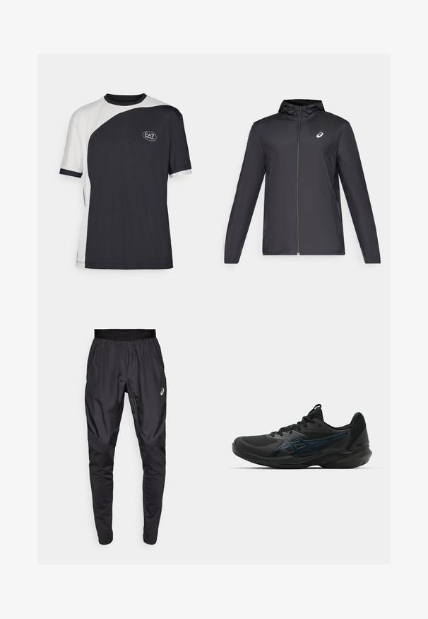 Casaco leve preto com capuz, fecho frontal, mangas longas e um pequeno logotipo no peito. Tecido suave e resistente à água.; T-shirt de manga curta com um design bicolore em preto e branco, com uma textura suave e um logo EA7 na frente.; Calças atléticas pretas com uma cintura elástica, bolsos laterais e painéis de textura contrastante nas pernas. Logo da Asics no quadril.; ASICS SOLUTION SPEED FF 3 CLAY - Sapatilhas para ténis em terra batida - black/prism blue