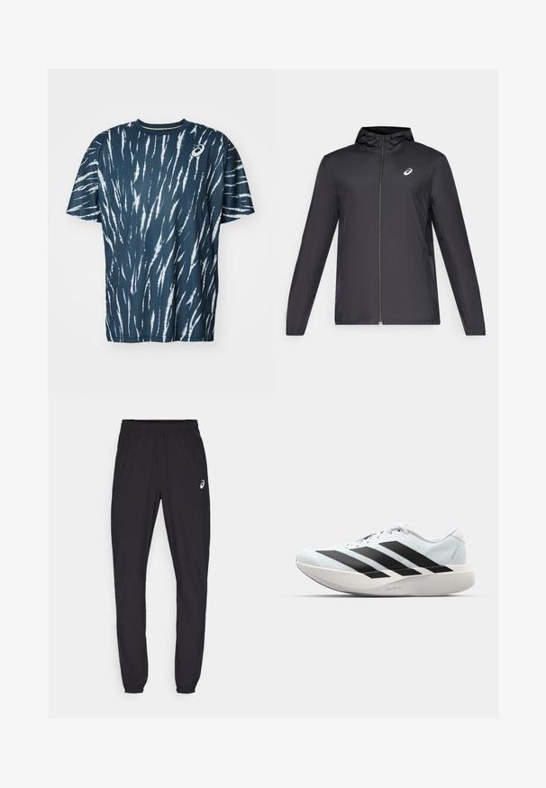 Chaqueta ligera negra con capucha, cierre frontal, mangas largas y un pequeño logo en el pecho. Tela suave y resistente al agua.; ASICS GAME - Camiseta estampada - mako blue; Pantalones deportivos negros con cintura elástica y puños ajustados. Presenta un sutil acento de logo en el muslo izquierdo. Tejido ligero y suave.; Zapatillas de running ligeras en azul pálido con rayas negras. Presentan una parte superior suave, puntera redonda y una gruesa mediasuela blanca etiquetada como "LIGHTSTRIKE PRO".