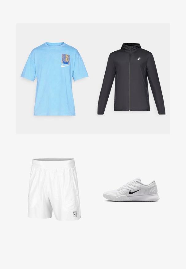 Juodas lengvas džemperis su gobtuvu, priekiniais užtrauktukais, ilgomis rankovėmis ir mažai logo ant krūtinės. Lygi, vandeniui atspari medžiaga.; Šviesiai mėlyna medvilninė marškinėliai su trumpomis rankovėmis, puošiami mažu daugiaspalviu grafikų dizainu ir baltu Nike logotipu priekyje.; Balti sportiniai šortai, pagaminti iš lengvos medžiagos, su elastinga juosta, su dviem šoninėmis kišenėmis ir mažu juodu logotipu ant apatinio krašto.; Baltas sportinis batas su tekstūruota tinkleliu, juodu Nike swoosh logotipu, paminkštintu apvadu ir guminėmis pado detalėmis su protektoriumi.