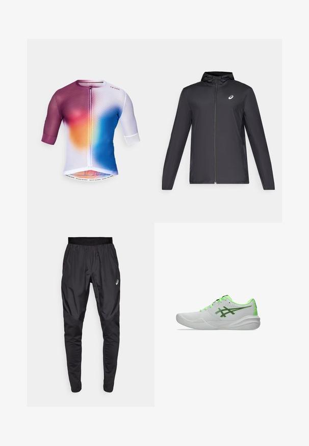 Chaqueta ligera negra con capucha, cierre frontal, mangas largas y un pequeño logo en el pecho. Tela suave y resistente al agua.; Jersey de ciclismo de manga corta con un diseño de malla en degradado de colores púrpura, naranja y azul; cierre de cremallera y detalle impreso en el dobladillo.; Pantalones deportivos negros con una cinturilla elástica, bolsillos laterales y paneles de textura contrastante en las piernas. Logo de Asics en la cadera.; Zapatillas deportivas blancas con detalles en verde, un acabado suave, punta redondeada y una suela acolchada con una textura sutil y agujeros de ventilación.