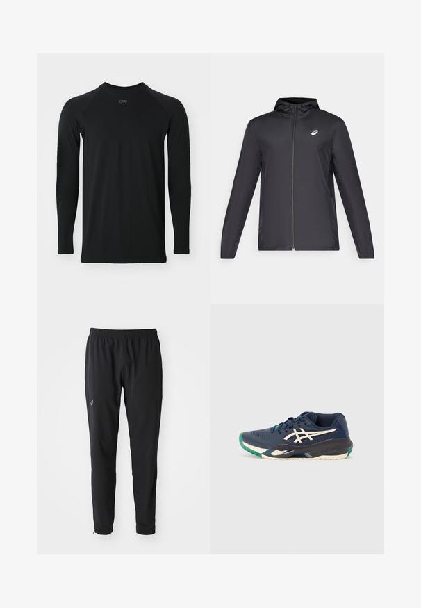 Fekete, könnyű dzseki kapucnival, elöl cipzárral, hosszú ujjú, és egy kisebb logóval a mellkason. Simább, vízálló anyag.; Fekete, hosszú ujjú póló kerek nyakkal, sima, tartós anyagból készült; raglán ujjakkal és diszkrét, tónusos logóval a nyaknál.; ASICS MATCH PANT - Tréningruha alsók - performance black; Kék sportcipő, hálós felsőrésszel, fehér logóval, zöld díszítéssel az orrán, és színes talppal. Letisztult dizájn, textúrált felülettel.