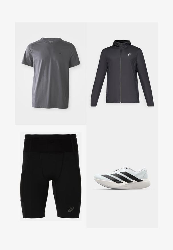 Černá lehká bunda s kapucí, předním zipem, dlouhými rukávy a malým logem na hrudi. Hladká, voděodolná tkanina.; Tmavě šedé tričko s krátkým rukávem a kulatým výstřihem, s malým logem na levé části hrudi, vystavené na bílém pozadí.; Černé sportovní šortky s přiléhavým střihem vyrobené z hladkého materiálu. Mají vysoký pas a malé logo na spodní levé noze.; Lehké běžecké boty v světle modré barvě s černými pruhy. Mají hladký svršek, kulatou špičku a silnou bílou mezipodešev označenou "LIGHTSTRIKE PRO."