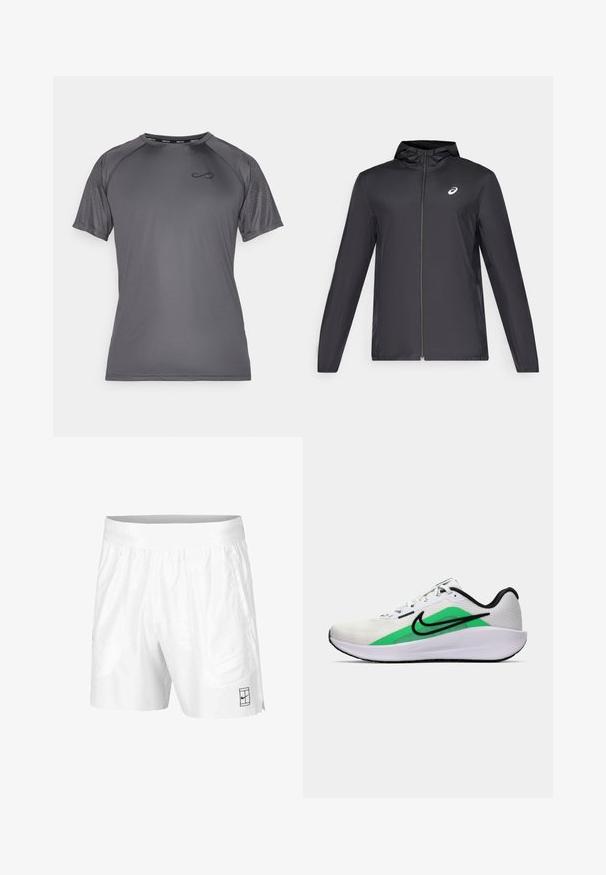 Jachetă ușoară neagră cu glugă, fermoar frontal, mâneci lungi și un mic logo pe piept. Material neted și rezistent la apă.; Endless FEISTY HEXAGON - Tricou cu imprimeu - titanium; Pantaloni scurți albi de atletism realizați dintr-un material ușor, cu un brad elastic la talie, având două buzunare laterale și un mic logo negru pe tiv.; Pantof la sport alb cu un accent verde, logo negru, partea superioară din plasă, talpă căptușită și toc rotunjit. Dispune de șireturi și detalii în contrast.