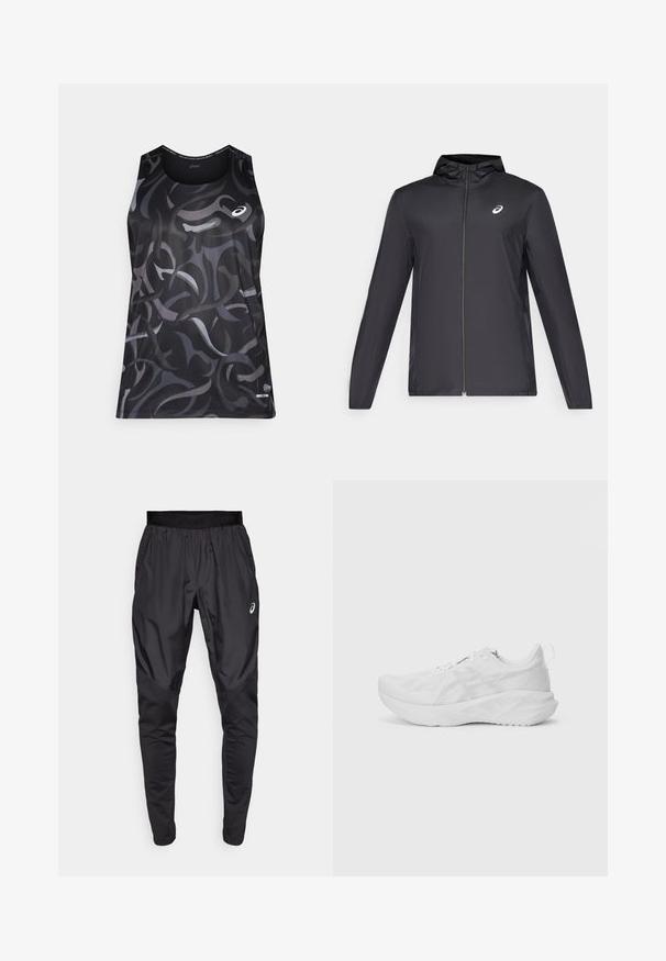 Schwarze, leichte Jacke mit Kapuze, Frontreißverschluss, langen Ärmeln und kleinem Logo auf der Brust. Glattes, wasserabweisendes Material.; Schwarzes sportliches Tanktop mit wirbelnden grauen und dunklen Mustern. Verfügt über einen runden Ausschnitt und ein kleines Logo auf der linken Vorderseite. Glatte Textur.; Schwarze Sporthosen mit einem dehnbaren Bund, Seitentaschen und kontrastierenden Texturpanelen an den Beinen. Asics-Logo an der Hüfte.; Weißer Sportschuh mit einem strukturierten Mesh-Obermaterial, innovativer Dämpfung, einer gebogenen Sohle und einer Zuglasche an der Ferse für ein einfaches Anziehen.