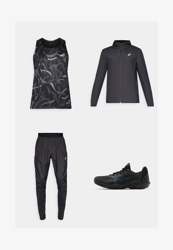 Schwarze, leichte Jacke mit Kapuze, Frontreißverschluss, langen Ärmeln und kleinem Logo auf der Brust. Glattes, wasserabweisendes Material.; Schwarzes sportliches Tanktop mit wirbelnden grauen und dunklen Mustern. Verfügt über einen runden Ausschnitt und ein kleines Logo auf der linken Vorderseite. Glatte Textur.; Schwarze Sporthosen mit einem dehnbaren Bund, Seitentaschen und kontrastierenden Texturpanelen an den Beinen. Asics-Logo an der Hüfte.; ASICS SOLUTION SPEED FF 3 CLAY - Tennisschuh für Sandplätze - black/prism blue