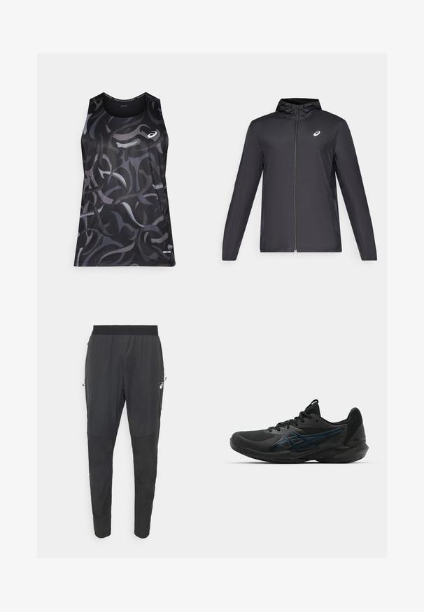 Giacca leggera nera con cappuccio, zip frontale, maniche lunghe e un piccolo logo sul petto. Tessuto liscio e resistente all'acqua.; Canotta atletica nera con motivi grigi e scuri che si avvolgono. Presenta un colletto rotondo e un piccolo logo sul lato sinistro anteriore. Tessuto liscio.; Pantaloni sportivi neri realizzati in materiale leggero e resistente all'acqua, caratterizzati da un design affusolato, una vita elastica e tasche laterali con zip.; ASICS SOLUTION SPEED FF 3 CLAY - da tennis per terra battuta - black/prism blue