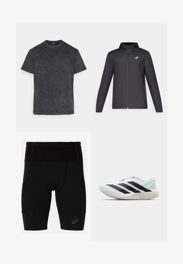 Melns viegls mētelis ar kapuci, priekšējais rāvējslēdzis, gari piedurknes un mazs logo uz krūtīm. Gluda, ūdensizturīga auduma.; Melnas kokvilnas T-krekls ar mīkstu, izbalējušu tekstūru. Īsas piedurknes, apaļa kakla izgriezums un smalka logo detaļa uz krūšu daļas. Regulāra piegriezuma.; Melnas sporta šorti ar pieguļošu dizainu, izgatavoti no gludas materiāla. Iekļauj augstu jostu un mazu logotipu apakšējā kreisajā kājā.; Gaiši zili vieglie skriešanas apavi ar melniem svītrainiem. Iezīmēti ar gludu augšpusi, apaļu purngalu un biezāko balto vidējo zoli, kurā ir uzraksts "LIGHTSTRIKE PRO."