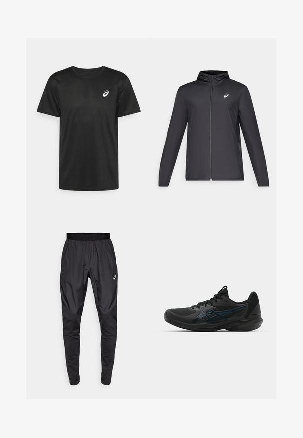 Zwarte lichtgewicht jas met een capuchon, rits aan de voorkant, lange mouwen en een klein logo op de borst. Glad, waterafstotend materiaal.; ASICS CORE TOP - Sport T-shirt - performance black; Zwarte sportbroek met een rekbare tailleband, zijzakken en contrasterende textuurpanelen op de benen. Asics-logo op de heup.; ASICS SOLUTION SPEED FF 3 CLAY - Tennisschoenen voor kleibanen - black/prism blue