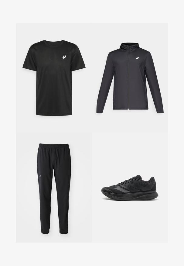 Black lightweight jacket with a hood, front zipper, long sleeves, and a small logo on the chest. Smooth, water-resistant fabric.; ASICS CORE TOP - Sports T-shirt - performance black; ASICS MATCH PANT - Tracksuit bottoms - performance black; Black athletic shoe with mesh and synthetic materials, streamlined design, curved sole, and textured detailing on the upper.