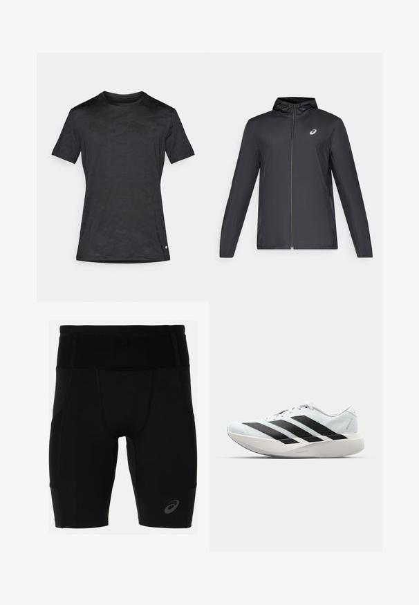Crna lagana jakna s kapuljačom, prednjim patentnim zatvaračem, dugim rukavima i malim logom na prsima. Glatka, vodoodbojna tkanina.; Crna majica kratkih rukava od glatkog materijala, sa suptilnim camo uzorkom, okruglim izrezom i malim logom na rubu.; Crne atletske kratke hlače s uskim dizajnom, izrađene od glatkog materijala. Imaju visoki pojas i mali logo na donjem lijevom dijelu nogavice.; Lagane tenisice za trčanje u svijetloplavoj boji s crnim trakama. Imaju glatku gornju površinu, okrugli vrh i debeli bijeli srednji sloj označen "LIGHTSTRIKE PRO."