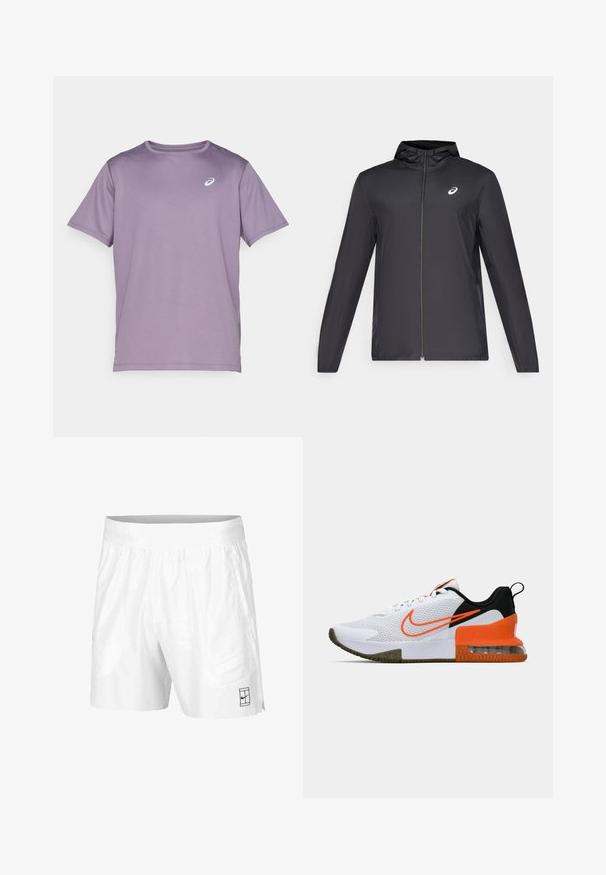 Crna lagana jakna s kapuljačom, prednjim patentnim zatvaračem, dugim rukavima i malim logom na prsima. Glatka, vodoodbojna tkanina.; Ljubičasta kratkotrajna atletska majica s kratkim rukavima od laganog materijala s okruglim izrezom i malim bijelim logotipom na prsima.; Bijele atletske kratke hlače izrađene od lagane tkanine s elastičnim pojasom, koje imaju dva bočna džepa i mali crni logo na rubu.; Bijela atletska cipela s teksturiranim mrežastim gornjim dijelom, crnim i narančastim naglascima, debelim gumastim potplatom i prozirnim zračnim jastučićem na peti.