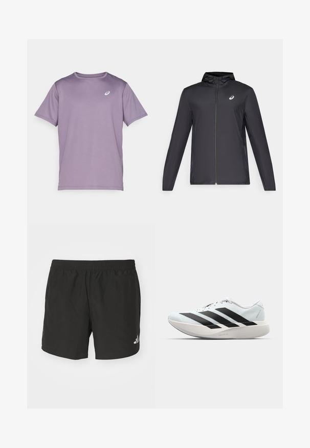 Svart lett jakke med hette, glidelås foran, lange ermer og en liten logo på brystet. Glatt, vannavstøtende stoff.; Lilla kortermet treningstrøye laget av lett materiale med rund hals og en liten hvit logo på brystet.; Sorte atletiske shorts med elastisk midje, sidelukninger og reflekterende logo aksenter. Laget av lett, glatt stoff.; Lette løpesko i lys blå med svarte striper. Har en myk overdel, rund tå og tykk hvit mellomsole merket "LIGHTSTRIKE PRO."