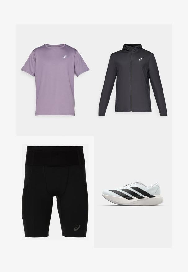 Black lightweight jacket with a hood, front zipper, long sleeves, and a small logo on the chest. Smooth, water-resistant fabric.; Purple short-sleeve athletic T-shirt made of moisture-wicking fabric, featuring a crew neckline and a small white logo on the chest.; Black athletic shorts with a fitted design, made of smooth material. Features a high waistband and a small logo on the lower left leg.; Lightweight running shoes in pale blue with black stripes. Features a smooth upper, round toe, and thick white midsole labeled "LIGHTSTRIKE PRO."