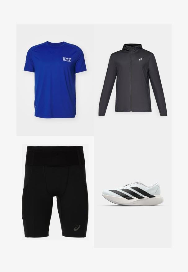 Svart lett jakke med hette, glidelås foran, lange ermer og en liten logo på brystet. Glatt, vannavstøtende stoff.; Blå treningstrøye med korte ermer, laget av lett materiale. Har en hvit EA7-logo på brystet og flate sømmer for komfort.; Svartidrettsshorts med en tettsittende design, laget av glatt materiale. Har en høy midje og en liten logo på venstre legg.; Lette løpesko i lys blå med svarte striper. Har en myk overdel, rund tå og tykk hvit mellomsole merket "LIGHTSTRIKE PRO."