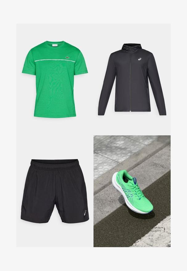 Juodas lengvas džemperis su gobtuvu, priekiniais užtrauktukais, ilgomis rankovėmis ir mažai logo ant krūtinės. Lygi, vandeniui atspari medžiaga.; Žalias medvilninis marškinėlis su apvaliu kaklu, kuriame yra balta horizontali juosta per krūtinę ir mažas logotipas kairėje pusėje.; Juodi sportiniai šortai, pagaminti iš lengvos medžiagos, su elastinga juosmens juosta ir maža logotipu apatinėje kairėje pusėje.; Žalios sportinės bateliai su sintetine viršutine dalimi, perforuota tekstūra, mėlynais akcentais ir lengvu baltu padu, padėti ant tekstūruoto paviršiaus.