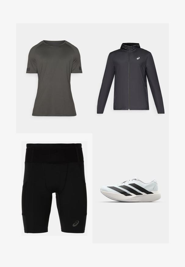 Črna lahka jakna s kapuco, sprednjim zadrgo, dolgimi rokavi in majhnim logotipom na prsih. Gladko, vodoodporno blago.; Temno siva atletska majica s kratkimi rokavi, okroglim izrezom, gladkim materialom in logotipom na levem rokavu. Lahka in prilega se.; Črne atletske kratke hlače s prilegajočim dizajnom, izdelane iz gladkega materiala. Imajo visok pas in majhen logotip na spodnjem levem delu noge.; Lahki tekaški čevlji v svetlo modri barvi z belimi črtami. Imajo gladek zgornji del, okroglo kapico in debel bel srednji podplat z označbo "LIGHTSTRIKE PRO."