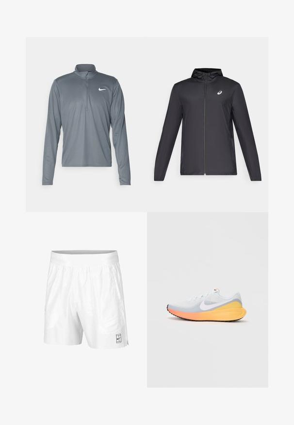 Jachetă ușoară neagră cu glugă, fermoar frontal, mâneci lungi și un mic logo pe piept. Material neted și rezistent la apă.; Tricou Nike de performanță gri cu mânecă lungă și guler cu fermoar pe verticală. Realizat dintr-un material neted și ușor, având un mic logo alb pe piept.; Pantaloni scurți albi de atletism realizați dintr-un material ușor, cu un brad elastic la talie, având două buzunare laterale și un mic logo negru pe tiv.; Adidas de alergare de culoare albastră deschisă cu un material superior din plasă respirabilă. Prezintă un logo alb în formă de swoosh, o talpă intermediară portocalie și galbenă și o talpă exterioară neagră pentru tracțiune.