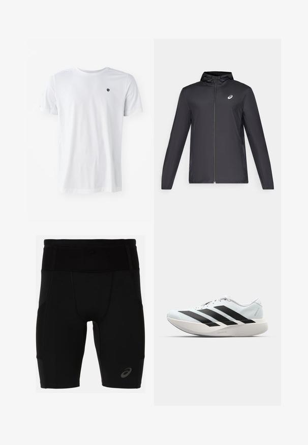 Svart lett jakke med hette, glidelås foran, lange ermer og en liten logo på brystet. Glatt, vannavstøtende stoff.; Hvit T-skjorte med kort erm laget av glatt stoff, med en liten svart logo på brystet og subtile detaljer på skuldrene.; Svartidrettsshorts med en tettsittende design, laget av glatt materiale. Har en høy midje og en liten logo på venstre legg.; Lette løpesko i lys blå med svarte striper. Har en myk overdel, rund tå og tykk hvit mellomsole merket "LIGHTSTRIKE PRO."