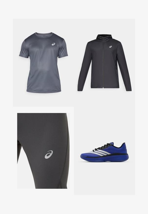 Sort letvægtsjakke med hætte, frontlynlås, lange ærmer og et lille logo på brystet. Glat, vandafvisende stof.; ASICS CORE TOP - Sports T-shirts - carrier grey; ASICS ROAD WINTER - Løbetights - graphite grey; adidas Performance ADIZERO SELECT 3.0 - Basketsko - lucid blue/core black/metallic