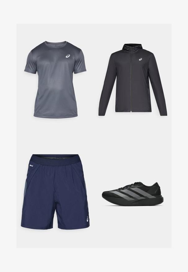 Czarna, lekka kurtka z kapturem, z zamek błyskawicznym z przodu, długimi rękawami i małym logo na klatce piersiowej. Gładki, wodoodporny materiał.; ASICS - Koszulka sportowa; Granatowe szorty sportowe z elastycznym pasem, bocznymi kieszeniami i jasnoszarymi akcentami. Wykonane z lekkiego, gładkiego materiału dla maksymalnego komfortu.; Czarne buty sportowe o lekkiej konstrukcji, z trzema wyraźnymi szarymi paskami, gładką fakturą i wyprofilowaną podeszwą.