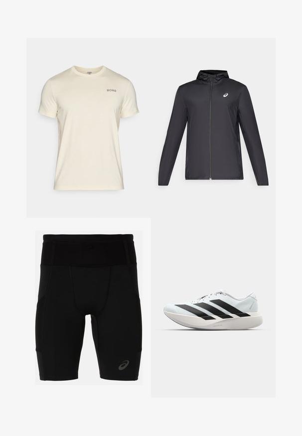 Černá lehká bunda s kapucí, předním zipem, dlouhými rukávy a malým logem na hrudi. Hladká, voděodolná tkanina.; Krátký rukáv krémové tričko vyrobené z měkkého materiálu, s kulatým výstřihem a malým vyšitým logem "BORG" na levé hrudi.; Černé sportovní šortky s přiléhavým střihem vyrobené z hladkého materiálu. Mají vysoký pas a malé logo na spodní levé noze.; Lehké běžecké boty v světle modré barvě s černými pruhy. Mají hladký svršek, kulatou špičku a silnou bílou mezipodešev označenou "LIGHTSTRIKE PRO."