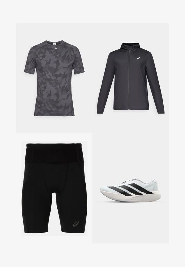 Black lightweight jacket with a hood, front zipper, long sleeves, and a small logo on the chest. Smooth, water-resistant fabric.; Short-sleeve, fitted t-shirt in dark grey with a camouflage pattern. Made from a smooth, stretchy material with subtle texture details.; Black athletic shorts with a fitted design, made of smooth material. Features a high waistband and a small logo on the lower left leg.; Lightweight running shoes in pale blue with black stripes. Features a smooth upper, round toe, and thick white midsole labeled "LIGHTSTRIKE PRO."