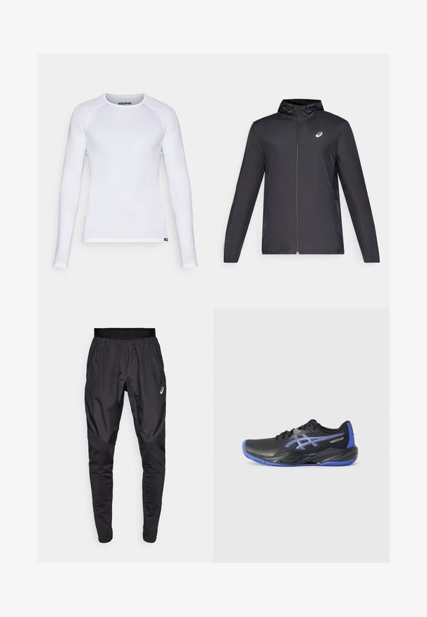 Svart lett jakke med hette, glidelås foran, lange ermer og en liten logo på brystet. Glatt, vannavstøtende stoff.; Hvit langermet skjorte laget av glatt, lett stoff. Har rund hals og flatlock-sømmer. Inkluderer GripGrab-logo på kragen.; Svarte treningsbukser med elastisk midjebånd, sidelommer og kontrasterende teksturpaneler på bena. Asics-logo på hoften.; Svart idrettssko med blå detaljer, med perforert overdeler, teksturert såle og logo. Rund tå og polstret hæl.