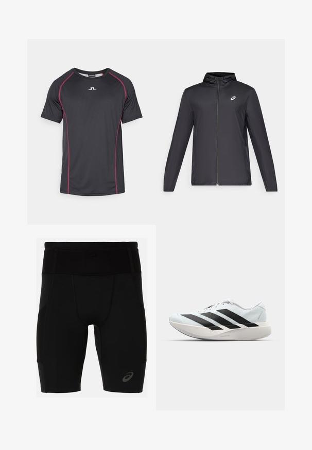 Černá lehká bunda s kapucí, předním zipem, dlouhými rukávy a malým logem na hrudi. Hladká, voděodolná tkanina.; Krátký rukáv sportovní tričko vyrobené z černé syntetické tkaniny s růžovým kontrastním šitím a malým bílým logem uprostřed přední části.; Černé sportovní šortky s přiléhavým střihem vyrobené z hladkého materiálu. Mají vysoký pas a malé logo na spodní levé noze.; Lehké běžecké boty v světle modré barvě s černými pruhy. Mají hladký svršek, kulatou špičku a silnou bílou mezipodešev označenou "LIGHTSTRIKE PRO."