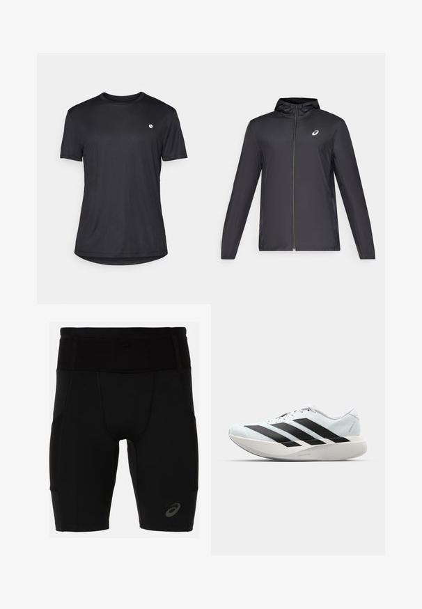 Svart lett jakke med hette, glidelås foran, lange ermer og en liten logo på brystet. Glatt, vannavstøtende stoff.; Svart kortermet t-skjorte laget av glatt stoff med rund hals og en liten hvit logo på venstre brystområde.; Svartidrettsshorts med en tettsittende design, laget av glatt materiale. Har en høy midje og en liten logo på venstre legg.; Lette løpesko i lys blå med svarte striper. Har en myk overdel, rund tå og tykk hvit mellomsole merket "LIGHTSTRIKE PRO."